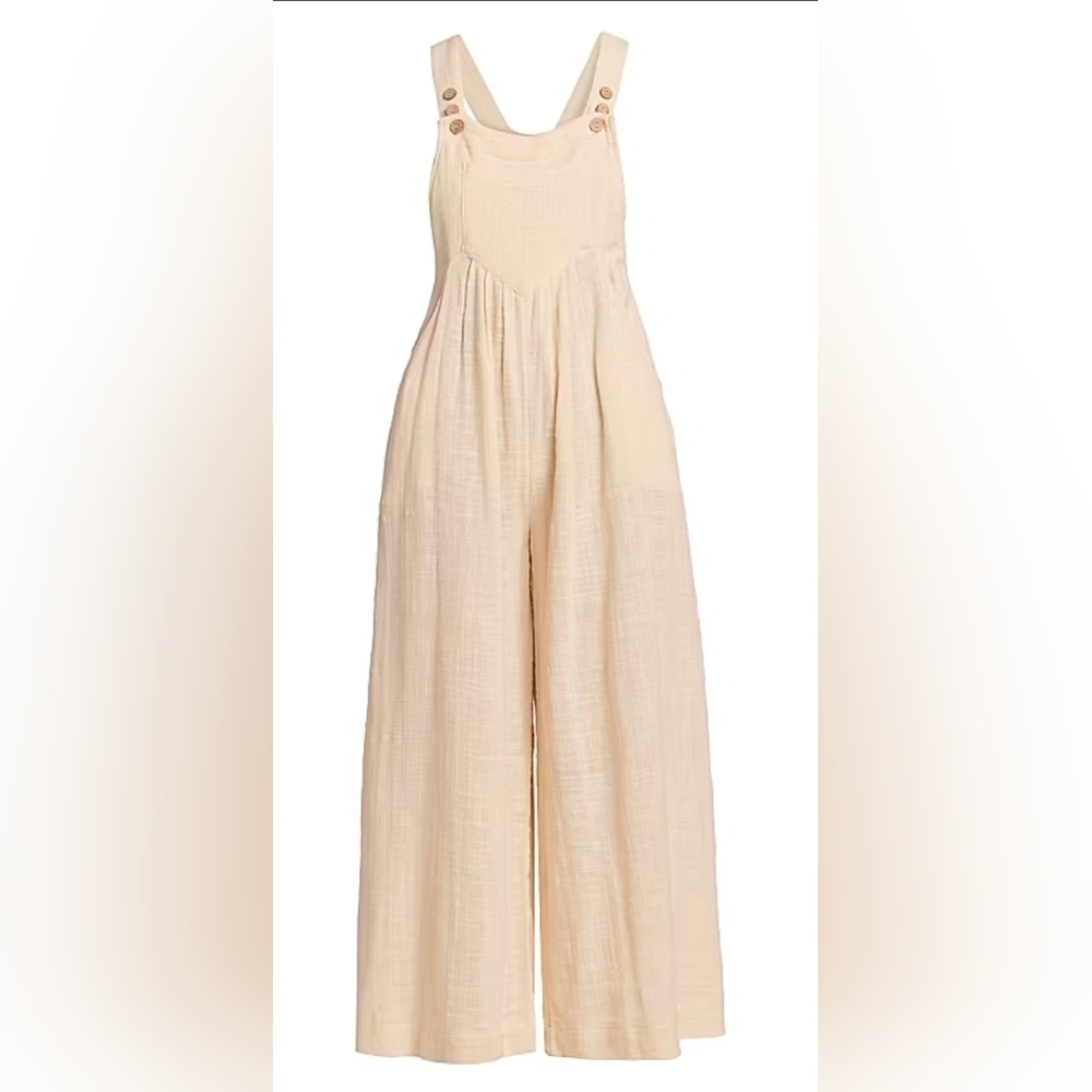 Free People Sundrenched Wide Leg Jumpsuit Neutral Cotton Overalls Small Boho - Picture 6 of 9